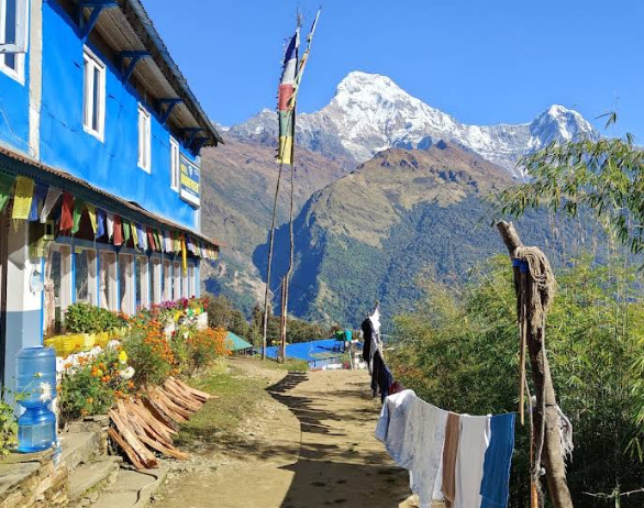 The blue-trimmed Hotel Magnificent on the Ghandruk trail